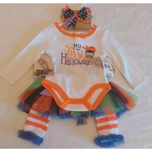NWT Baby Essentials 4 Pc Fall/Halloween Set: Skirt Tutu Bow Top Leg warmers 6 Mo
